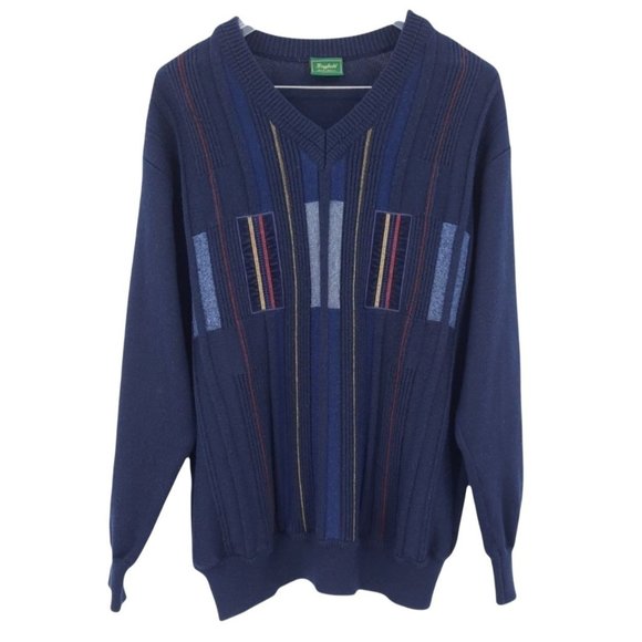Kingfield Menswear Other - VTG 90s Kingfield Navy Blue Wool V-Neck Geometric Embroidered Velvet Sweater L